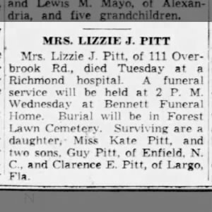 Obituary for Mrs Lizzie J Pitt